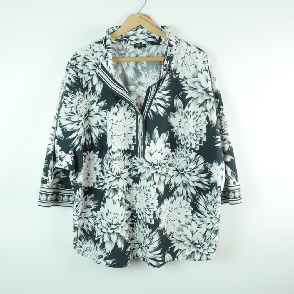 Talbots Plus 2X Black White Floral Cotton Popover Top 3/4 Sleeve 2025 Resort